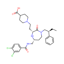 CC[C@H](CN1CC[C@H](CNC(=O)c2ccc(Cl)c(Cl)c2)N[C@H](CCN2CCC(C(=O)O)CC2)C1=O)c1ccccc1 ZINC000206882221