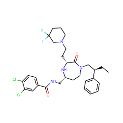 CC[C@H](CN1CC[C@H](CNC(=O)c2ccc(Cl)c(Cl)c2)N[C@H](CCN2CCCC(F)(F)C2)C1=O)c1ccccc1 ZINC000206923530