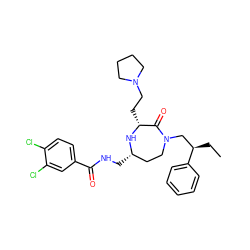 CC[C@H](CN1CC[C@H](CNC(=O)c2ccc(Cl)c(Cl)c2)N[C@H](CCN2CCCC2)C1=O)c1ccccc1 ZINC000206885684