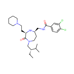 CC[C@H](CN1CC[C@H](CNC(=O)c2ccc(Cl)c(Cl)c2)N[C@H](CCN2CCCCC2)C1=O)C(C)C ZINC000206890652