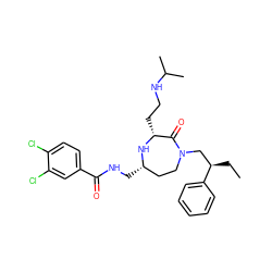 CC[C@H](CN1CC[C@H](CNC(=O)c2ccc(Cl)c(Cl)c2)N[C@H](CCNC(C)C)C1=O)c1ccccc1 ZINC000206902665