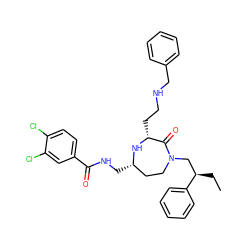 CC[C@H](CN1CC[C@H](CNC(=O)c2ccc(Cl)c(Cl)c2)N[C@H](CCNCc2ccccc2)C1=O)c1ccccc1 ZINC000206895547