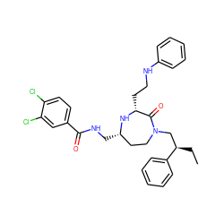 CC[C@H](CN1CC[C@H](CNC(=O)c2ccc(Cl)c(Cl)c2)N[C@H](CCNc2ccccc2)C1=O)c1ccccc1 ZINC000206916567