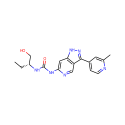 CC[C@H](CO)NC(=O)Nc1cc2[nH]nc(-c3ccnc(C)c3)c2cn1 ZINC000261183490