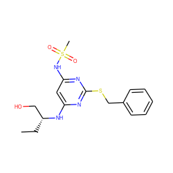 CC[C@H](CO)Nc1cc(NS(C)(=O)=O)nc(SCc2ccccc2)n1 ZINC000113942432