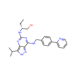 CC[C@H](CO)Nc1nc(NCc2ccc(-c3ccccn3)cc2)c2n[nH]c(C(C)C)c2n1 ZINC000653722045