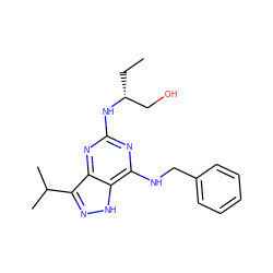 CC[C@H](CO)Nc1nc(NCc2ccccc2)c2[nH]nc(C(C)C)c2n1 ZINC000066166057