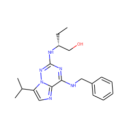 CC[C@H](CO)Nc1nc(NCc2ccccc2)c2ncc(C(C)C)n2n1 ZINC000040413302