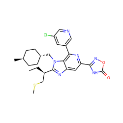 CC[C@H](CSC)c1nc2cc(-c3noc(=O)[nH]3)nc(-c3cncc(Cl)c3)c2n1C[C@H]1CC[C@H](C)CC1 ZINC000261130044