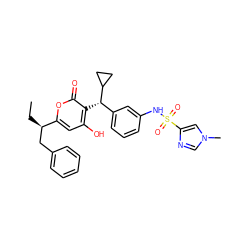 CC[C@H](Cc1ccccc1)c1cc(O)c([C@@H](c2cccc(NS(=O)(=O)c3cn(C)cn3)c2)C2CC2)c(=O)o1 ZINC000001485700