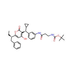 CC[C@H](Cc1ccccc1)c1cc(O)c([C@H](c2cccc(NC(=O)CCNC(=O)OC(C)(C)C)c2)C2CC2)c(=O)o1 ZINC000014943503