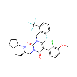 CC[C@H](Cn1c(=O)c(-c2cccc(OC)c2Cl)c(C)n(Cc2c(F)cccc2C(F)(F)F)c1=O)NC1CCCC1 ZINC000029045797