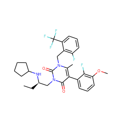 CC[C@H](Cn1c(=O)c(-c2cccc(OC)c2F)c(C)n(Cc2c(F)cccc2C(F)(F)F)c1=O)NC1CCCC1 ZINC000029045987