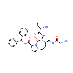 CC[C@H](N)C(=O)N[C@@H]1C(=O)N2[C@H](CC[C@H]2C(=O)NC(c2ccccc2)c2ccccc2)CC[C@@H]1CNC(=O)CN ZINC000049709925