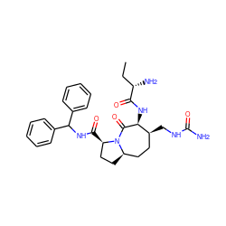 CC[C@H](N)C(=O)N[C@@H]1C(=O)N2[C@H](CC[C@H]2C(=O)NC(c2ccccc2)c2ccccc2)CC[C@@H]1CNC(N)=O ZINC000049722541