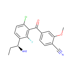 CC[C@H](N)c1ccc(Cl)c(C(=O)c2ccc(C#N)c(OC)c2)c1F ZINC001772576354