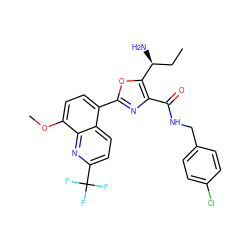 CC[C@H](N)c1oc(-c2ccc(OC)c3nc(C(F)(F)F)ccc23)nc1C(=O)NCc1ccc(Cl)cc1 ZINC000084604452