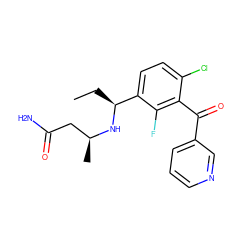 CC[C@H](N[C@@H](C)CC(N)=O)c1ccc(Cl)c(C(=O)c2cccnc2)c1F ZINC001772622130