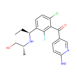 CC[C@H](N[C@H](C)CO)c1ccc(Cl)c(C(=O)c2ccc(N)nc2)c1F ZINC001772607930