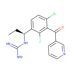 CC[C@H](NC(=N)N)c1ccc(Cl)c(C(=O)c2cccnc2)c1F ZINC001772603024