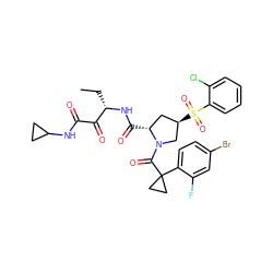 CC[C@H](NC(=O)[C@@H]1C[C@@H](S(=O)(=O)c2ccccc2Cl)CN1C(=O)C1(c2ccc(Br)cc2F)CC1)C(=O)C(=O)NC1CC1 ZINC000169702096