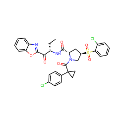 CC[C@H](NC(=O)[C@@H]1C[C@@H](S(=O)(=O)c2ccccc2Cl)CN1C(=O)C1(c2ccc(Cl)cc2)CC1)C(=O)c1nc2ccccc2o1 ZINC000169702094