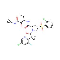CC[C@H](NC(=O)[C@@H]1C[C@@H](S(=O)(=O)c2ccccc2Cl)CN1C(=O)C1(c2ncc(Cl)cc2F)CC1)C(=O)C(=O)NC1CC1 ZINC000169702107