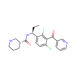 CC[C@H](NC(=O)[C@@H]1CCCNC1)c1ccc(Cl)c(C(=O)c2cccnc2)c1F ZINC000220727481