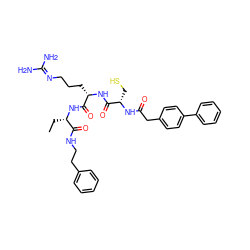 CC[C@H](NC(=O)[C@H](CCCN=C(N)N)NC(=O)[C@H](CS)NC(=O)Cc1ccc(-c2ccccc2)cc1)C(=O)NCCc1ccccc1 ZINC000169321113