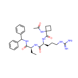 CC[C@H](NC(=O)[C@H](CCCNC(=N)N)NC(=O)C1(NC(C)=O)CCC1)C(=O)NC(c1ccccc1)c1ccccc1 ZINC000149755525