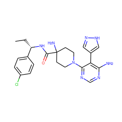 CC[C@H](NC(=O)C1(N)CCN(c2ncnc(N)c2-c2cn[nH]c2)CC1)c1ccc(Cl)cc1 ZINC000206941297