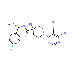 CC[C@H](NC(=O)C1(N)CCN(c2ncnc(N)c2C#N)CC1)c1ccc(Cl)cc1 ZINC000219314868