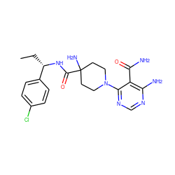 CC[C@H](NC(=O)C1(N)CCN(c2ncnc(N)c2C(N)=O)CC1)c1ccc(Cl)cc1 ZINC000219102751