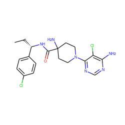 CC[C@H](NC(=O)C1(N)CCN(c2ncnc(N)c2Cl)CC1)c1ccc(Cl)cc1 ZINC001772629289