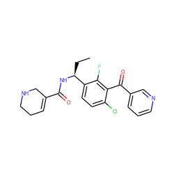 CC[C@H](NC(=O)C1=CCCNC1)c1ccc(Cl)c(C(=O)c2cccnc2)c1F ZINC001772570451