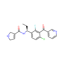 CC[C@H](NC(=O)C1=CCNC1)c1ccc(Cl)c(C(=O)c2cccnc2)c1F ZINC000220700760