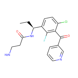 CC[C@H](NC(=O)CCN)c1ccc(Cl)c(C(=O)c2cccnc2)c1F ZINC001772654650