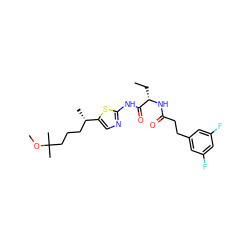 CC[C@H](NC(=O)CCc1cc(F)cc(F)c1)C(=O)Nc1ncc([C@@H](C)CCCC(C)(C)OC)s1 ZINC000028827357