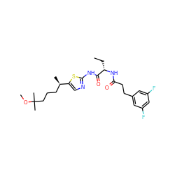 CC[C@H](NC(=O)CCc1cc(F)cc(F)c1)C(=O)Nc1ncc([C@H](C)CCCC(C)(C)OC)s1 ZINC000028827358