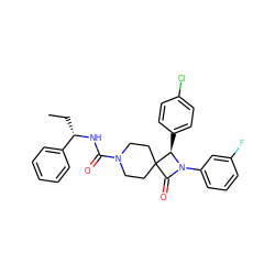 CC[C@H](NC(=O)N1CCC2(CC1)C(=O)N(c1cccc(F)c1)[C@@H]2c1ccc(Cl)cc1)c1ccccc1 ZINC000058502096