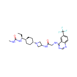 CC[C@H](NC(=O)NC)[C@H]1CC[C@H](N2CC(NC(=O)CNc3ncnc4ccc(C(F)(F)F)cc34)C2)CC1 ZINC000149183286