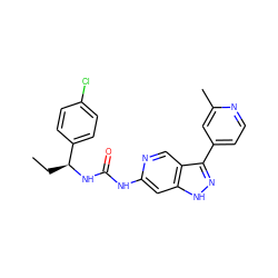 CC[C@H](NC(=O)Nc1cc2[nH]nc(-c3ccnc(C)c3)c2cn1)c1ccc(Cl)cc1 ZINC000261099799