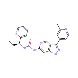 CC[C@H](NC(=O)Nc1cc2[nH]nc(-c3ccnc(C)c3)c2cn1)c1ccccn1 ZINC000261149396