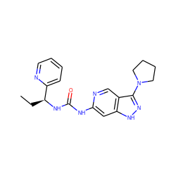 CC[C@H](NC(=O)Nc1cc2[nH]nc(N3CCCC3)c2cn1)c1ccccn1 ZINC001772633647