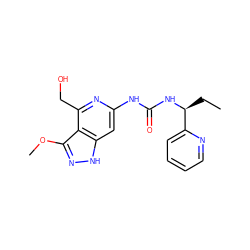 CC[C@H](NC(=O)Nc1cc2[nH]nc(OC)c2c(CO)n1)c1ccccn1 ZINC001772652739