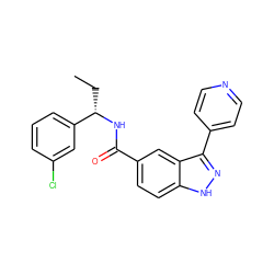 CC[C@H](NC(=O)c1ccc2[nH]nc(-c3ccncc3)c2c1)c1cccc(Cl)c1 ZINC000653843484