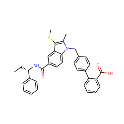 CC[C@H](NC(=O)c1ccc2c(c1)c(SC)c(C)n2Cc1ccc(-c2ccccc2C(=O)O)cc1)c1ccccc1 ZINC000049771195