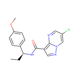 CC[C@H](NC(=O)c1cnn2cc(Cl)cnc12)c1ccc(OC)cc1 ZINC001772610406