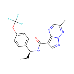 CC[C@H](NC(=O)c1cnn2nc(C)cnc12)c1ccc(OC(F)(F)F)cc1 ZINC001772574978