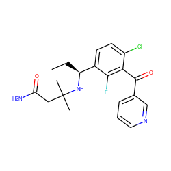 CC[C@H](NC(C)(C)CC(N)=O)c1ccc(Cl)c(C(=O)c2cccnc2)c1F ZINC001772582987